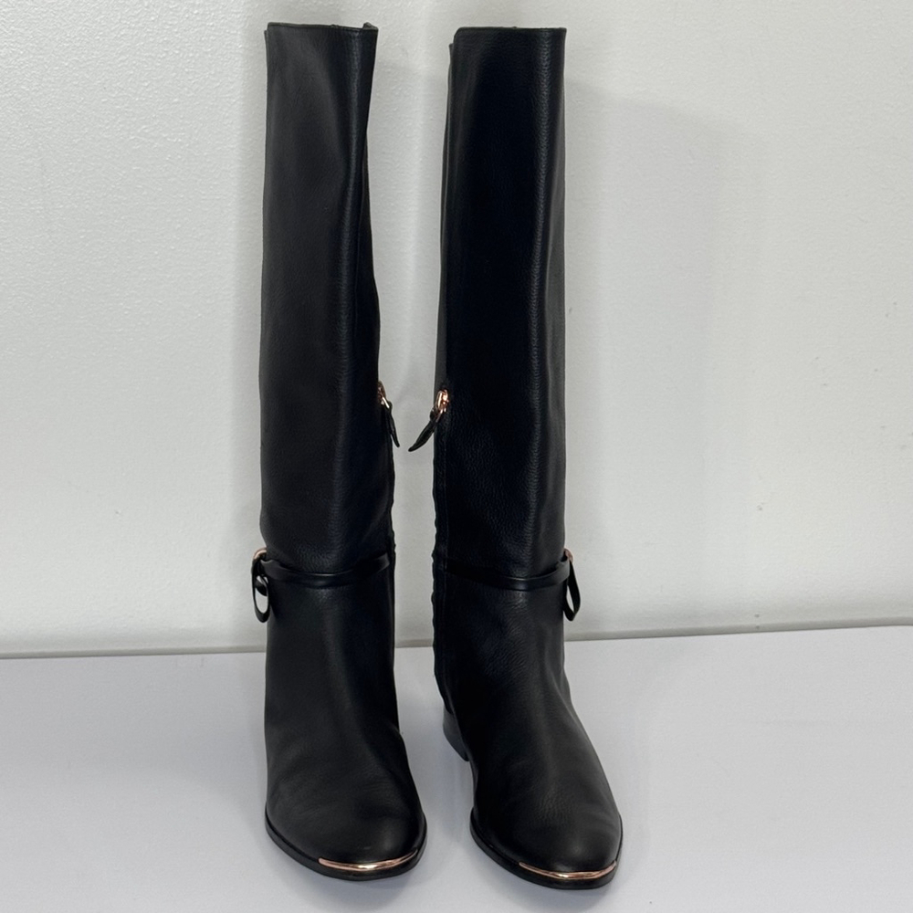 Ted Baker London Lykla Knee High Boots Black Leather Flat Boots 39.5 Ankle Bow